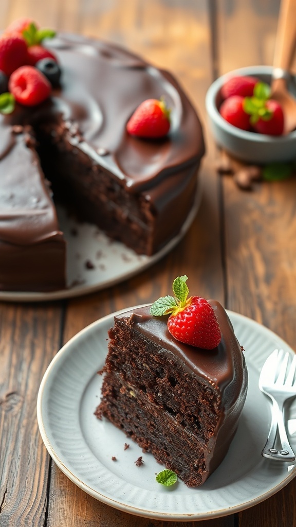 Dark Chocolate Cake with Mystic Flour A rich dark chocolate cake with glossy ganache and fresh berries on a rustic table.